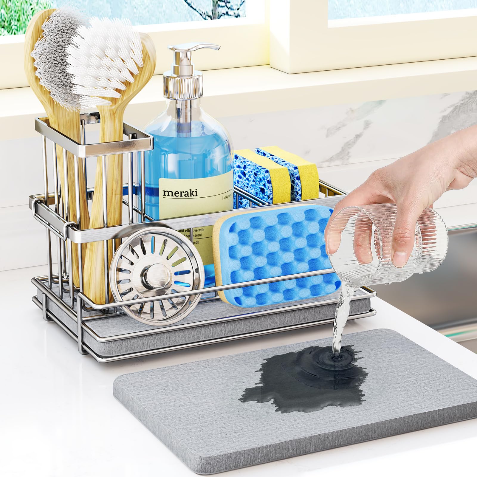 HapiRm Sink Caddy Sponge Holder - Kitchen Sink Organizer with Instant Drying Stone and Brush Holder, Stainless Steel Sponge Caddy for Kitchen