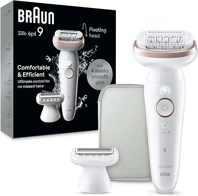 Braun Silk-épil 9, Epilierer mit schwenkbarem Kopf für eine einfache Haarentfernung, Wet&Dry, langanhaltend seidig-glatte Haut, Ladyshaver, Rasieraufsatz und Trimmeraufsatz,SES9-030, Weiß/Flamingorosa