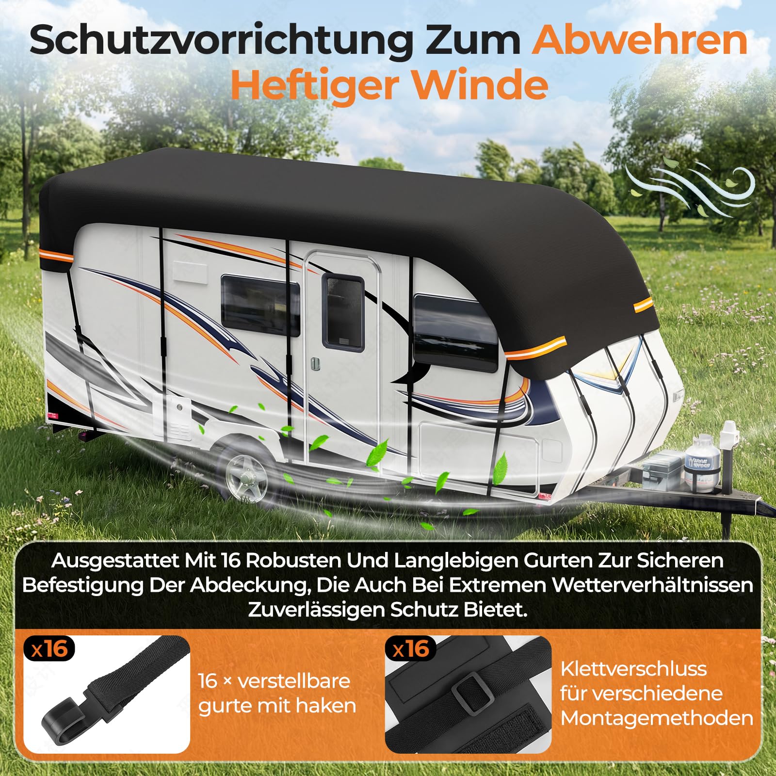 Wohnmobil-Abdeckungen, Wohnwagen-Abdeckung, wasserdicht, schützende Dachabdeckung, universell für Sommer, Frost, UV-Schutz, 210D Oxford-Tuch mit reflektierenden Riemen, für Wohnmobilreisen, 7,5 x 3 m