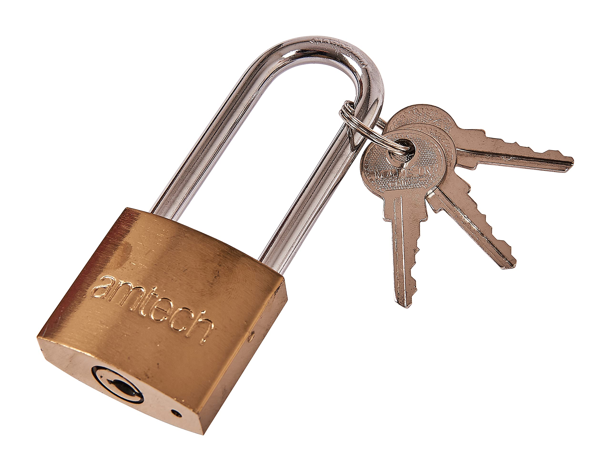 Amtech – Long Shackle Padlock, Brass-Plated Body with 6mm Hardened Steel Shackle, 3 Keys, for Gates, Sheds & Chains, 38mm