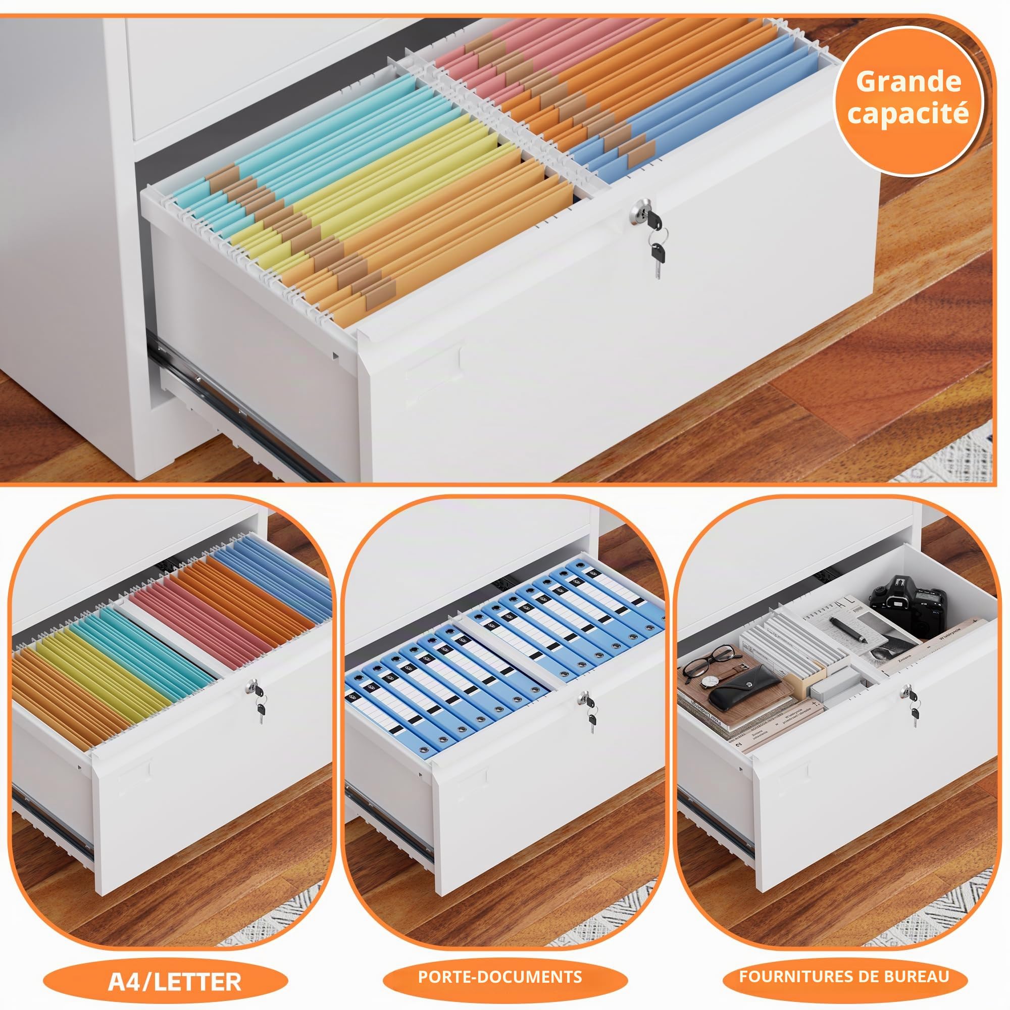 Armoire de rangement en métal avec 2 tiroirs, grand volume de rangement, armoire de classement avec serrure, grande capacité, adaptée pour la maison, le bureau, blanc