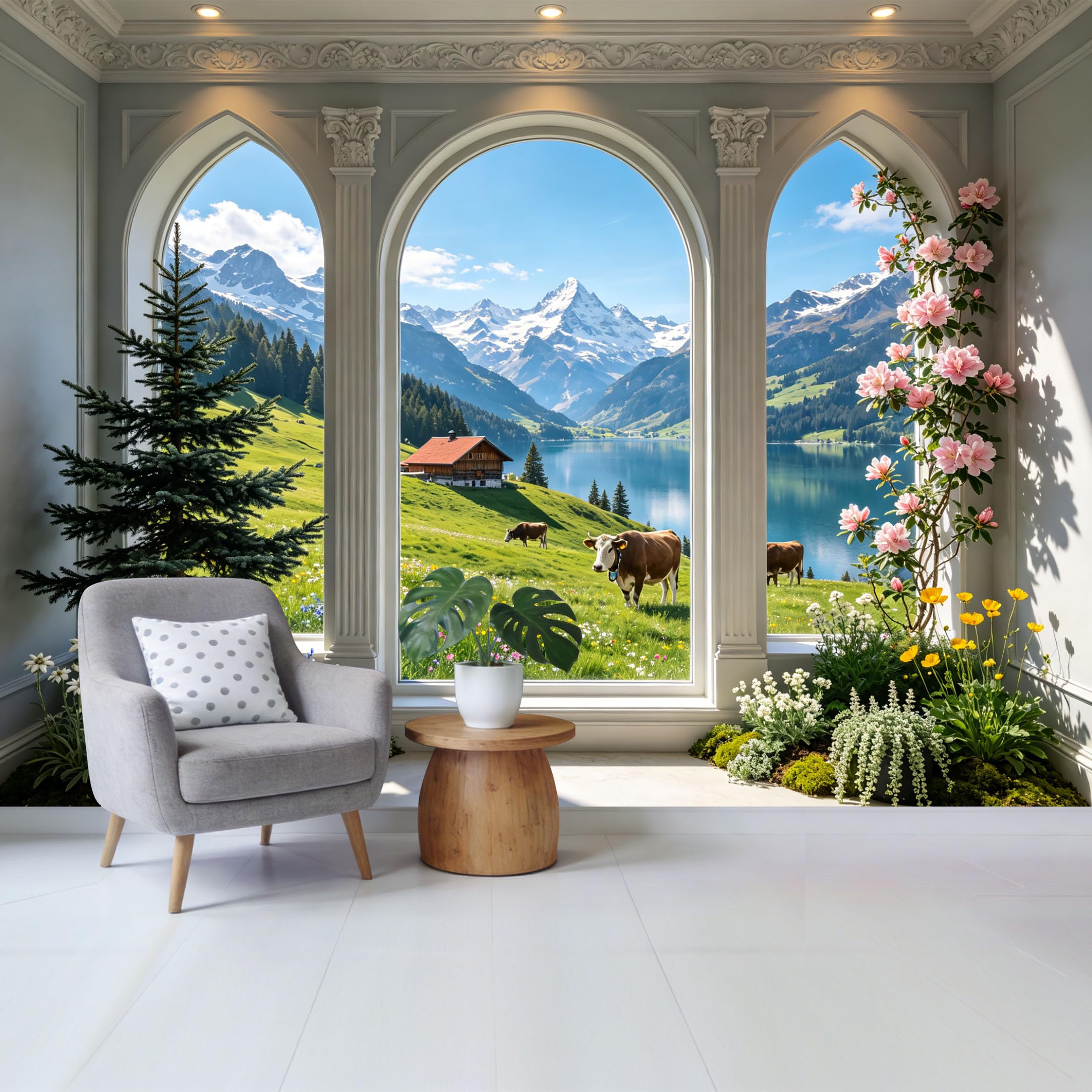 Custom Size Wall Mural Alpine Mountain Lake Landscape Scenic View with Flowers and Cows Removable Self Adhesive Fabric Home Wall Decor for Living Room Bedroom Bathroom