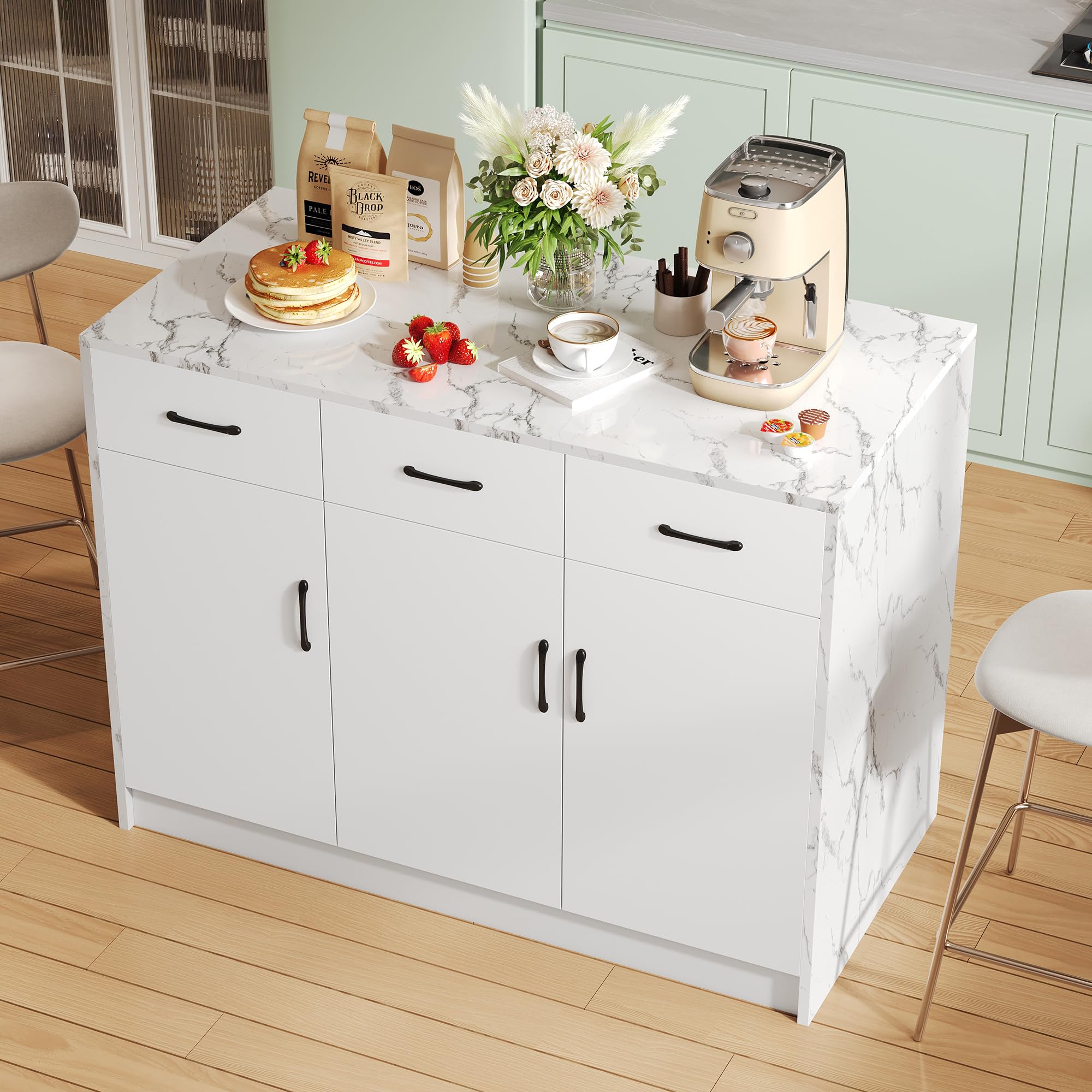 Isla de cocina 120x60x90,5cm, 3 cajones y 3 puertas, diseño de mármol blanco, estantes ajustables, cajones silenciosos, isla de cocina con superficie de trabajo, carro de cocina, diseño de área