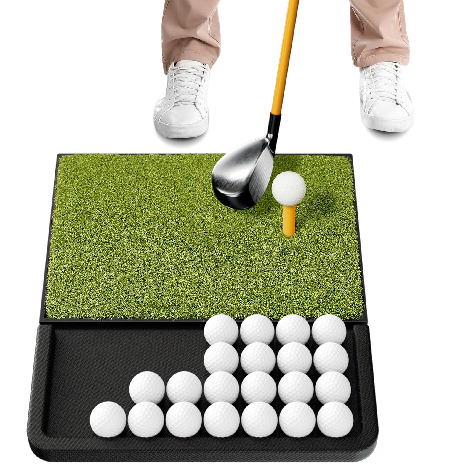 NABIYE Golf Practice Mat with Ball Tray, Indoor Outdoor Golf Hitting Mat for Swing & Chipping, Compact Golf Tee Mat for Home Garden Training, Durable Turf Golf Driver Mat