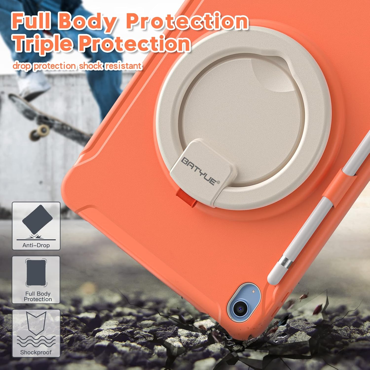 BATYUE Case for iPad (A16) 11th/10th Generation 11''/10.9'' 2025/2022, Full-Body Drop Protection Case for Kids with 360° Rotating & 180° Folding Ring Stand, Screen Protector & Pencil Holder|Orange