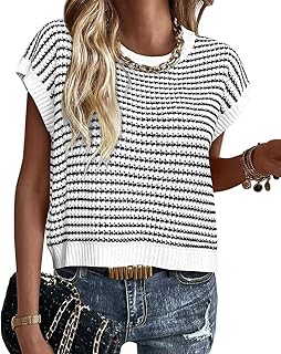 ATHMILE Womens Short Sleeve Sweater Spring Summer Striped Teacher Round Neck Pullover Cap Sleeve Knit Cute Vest Tops 2026