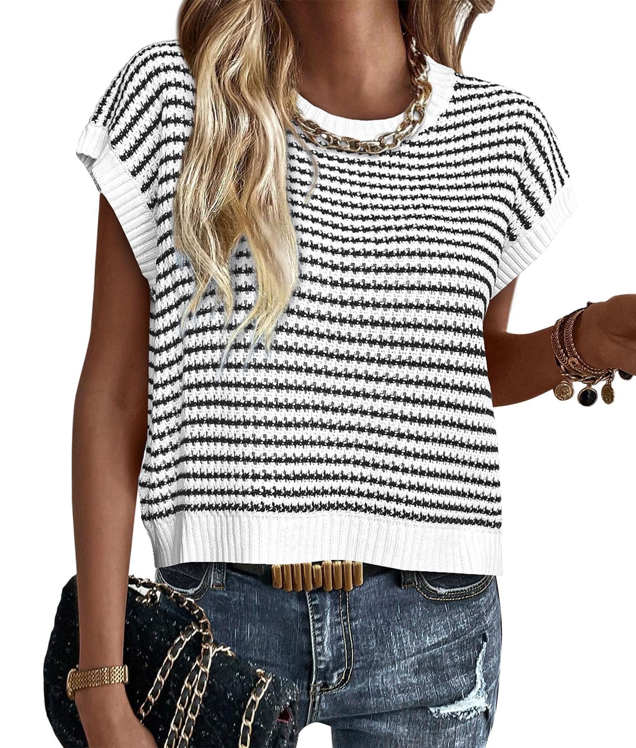 ATHMILE Womens Short Sleeve Sweater Spring Summer Striped Round Neck Pullover Cap Sleeve Knit Cute Fashion Vest Tops