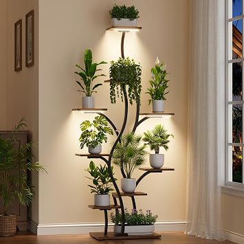 Plant Stand Indoor with Grow Lights - Lighted Plant Shelf Tall for Corner | 65" Narrow Plant Rack for Indoor Plants Growing, 9 Tiered Tree-Shaped Metal Flower Holder for Living Room, Bedroom, Black