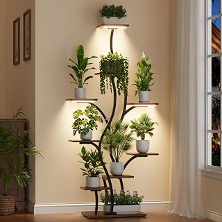 Plant Stand Indoor with Grow Lights - Lighted Plant Shelf Tall for Corner | 65" Narrow Plant Rack for Indoor Plants Growing, 9 Tiered Tree-Shaped Metal Flower Holder for Living Room, Bedroom, Black