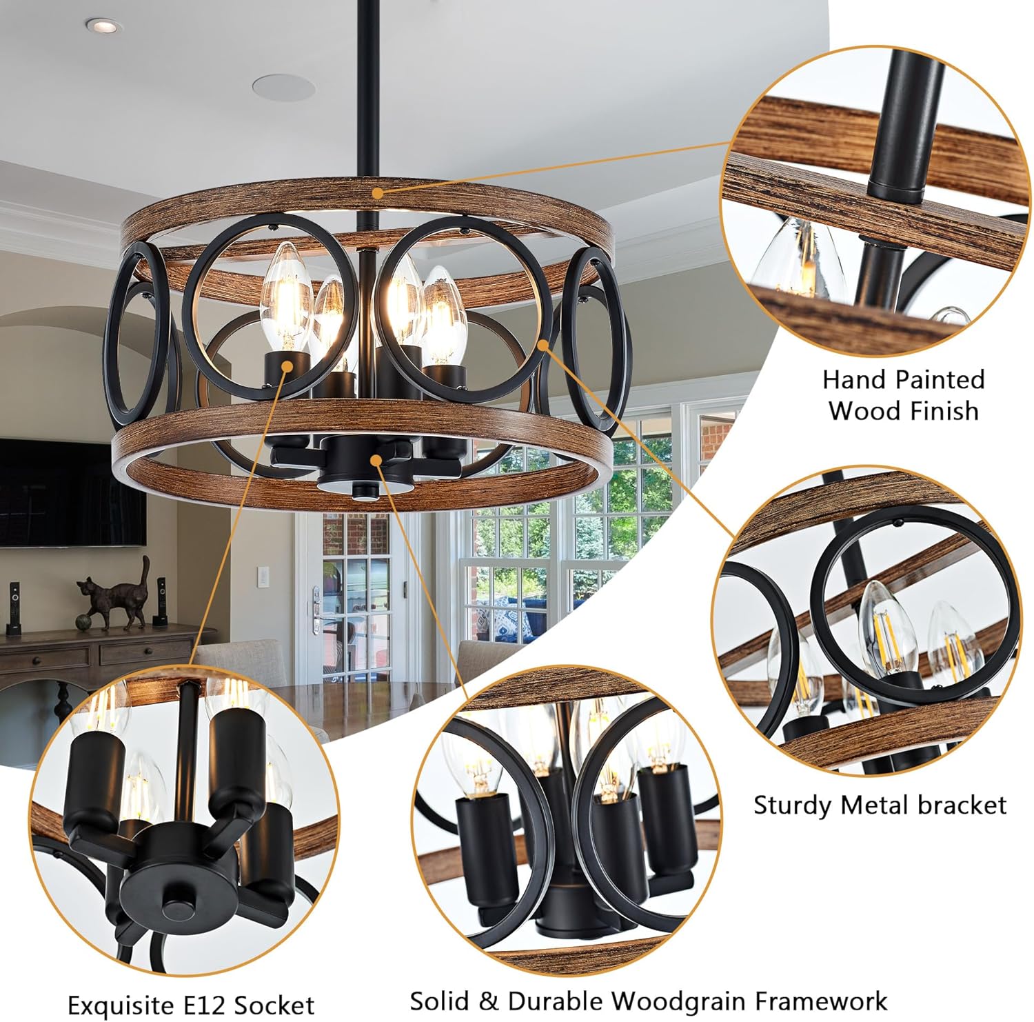 4-Light Farmhouse Drum Pendant Light,12.6'' Nature Wood Texture Vintage Rustic Chandeliers Black Metal Industrial Hanging Light Fixtures for Entryway, Bedroom Dining Room