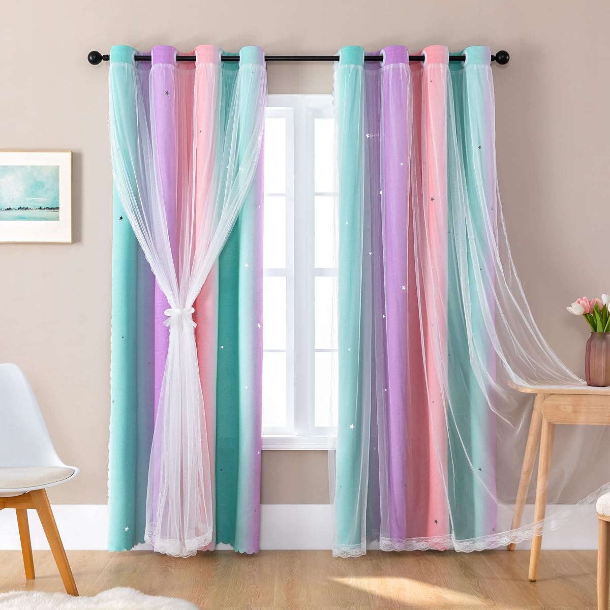 XiDi Cortinas para decoración de Dormitorio de niñas, Cortinas Opacas para niños, diseño de Arco Iris | Cortinas con ojales para decoración de pared, diseño de unicornio, color rosa, morado y verde, para habitación de princesa sirena, 34 de ancho, 63 pulgadas de largo, 2 paneles