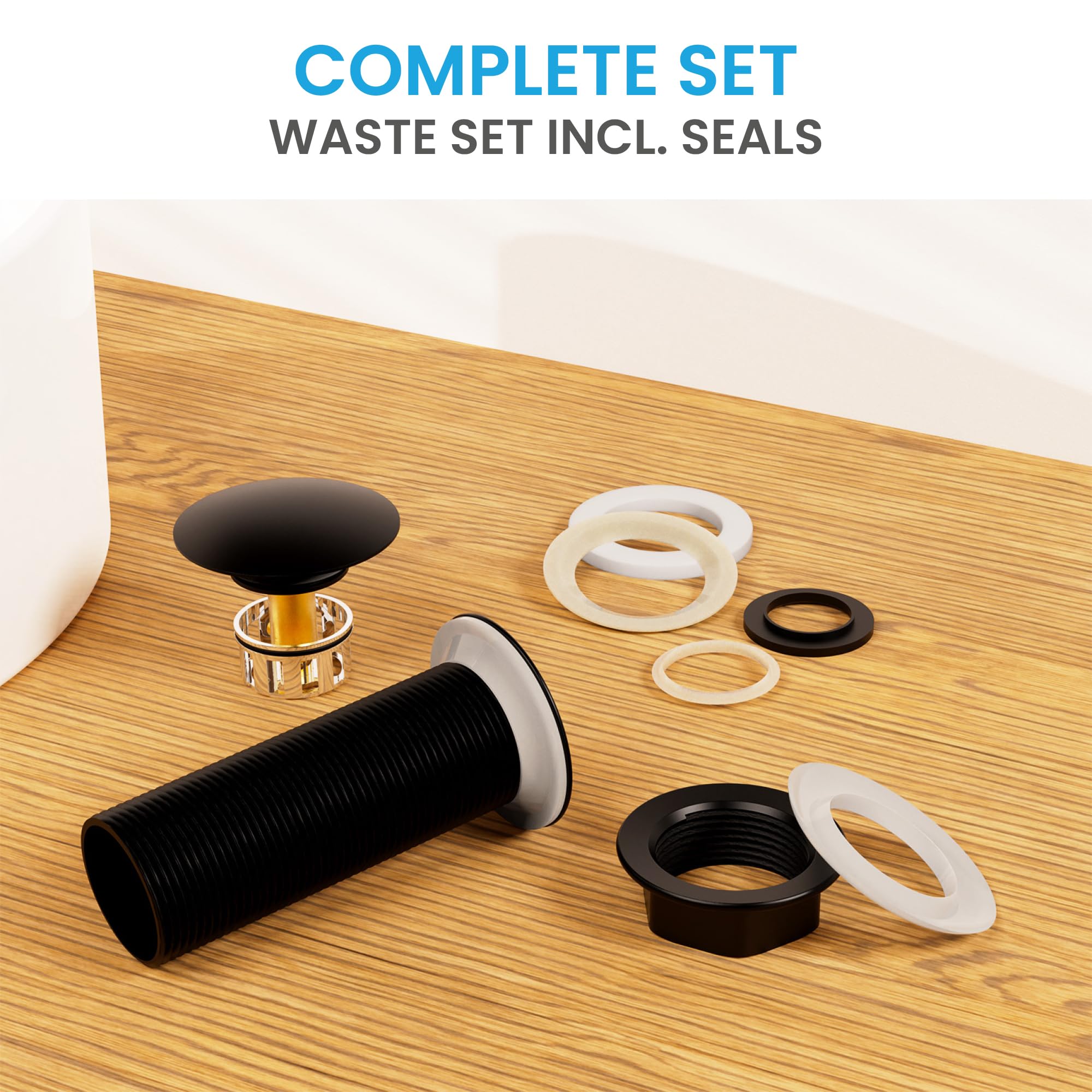Bächlein Extra Long Universal Drain Fitting without Overflow (Matt Black) - Pop Up Valve for Countertop Washbasins - Image 2