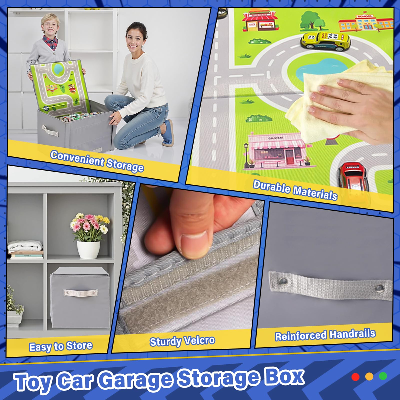 Scatola Portaoggetti per Auto Giocattolo: Garage per Auto Giocattolo per Bambini - Garage per Pieghevole 3 in 1 per Bambini - Organizzatore per e Tappeto da Gioco (Gray)