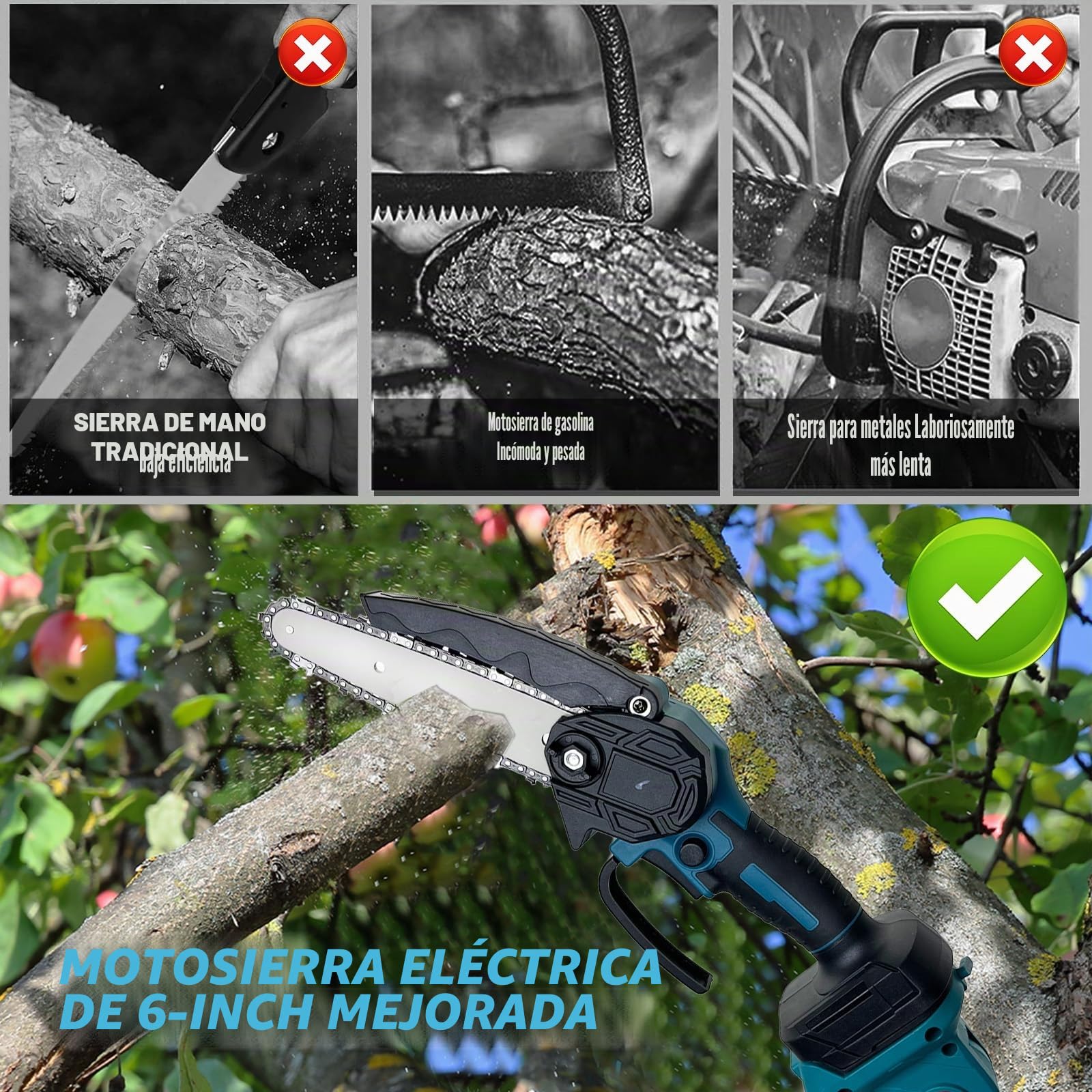 Motosierra de poda inalámbrica 2 en 1, motosierra eléctrica con 2 baterías de 3.0 Ah y cargador, mango telescópico extensible de 1,3 a 2,5 m, 4100 RPM, cabezal giratorio de 180°