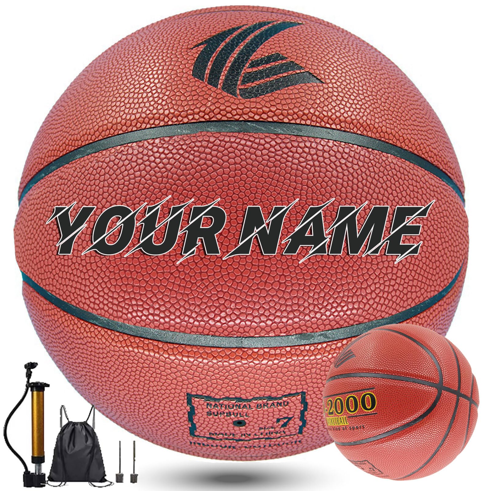 Ballon de basket-ball personnalisé pour intérieur et extérieur - En cuir composite imprimé avec votre nom - Taille officielle 5, 6, 7