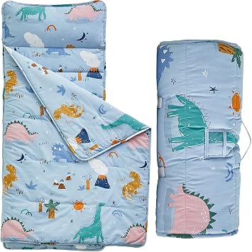 DuShow Cotton Toddler Nap Mat Dinosaur,Roll Up Slumber Bags for Boys,Toddler Nap Mat with Removable Pillow, Kids Sleeping Mat for Daycare and Preschool Kindergarten-Blue