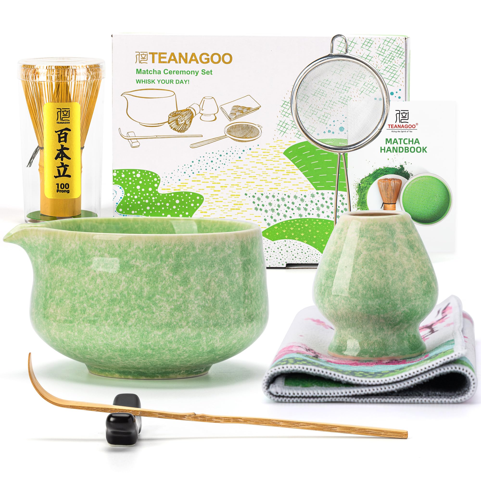 TEANAGOO Matcha-Schneebesen-Set, 7-teilig, Matcha-Set, Grün, Zeremonie-Matcha-Set, Matcha-Teeset für Latte, Keramikschale (Chawan) mit Ausguss und Schneebesen, Geschenk für Matcha-Liebhaber