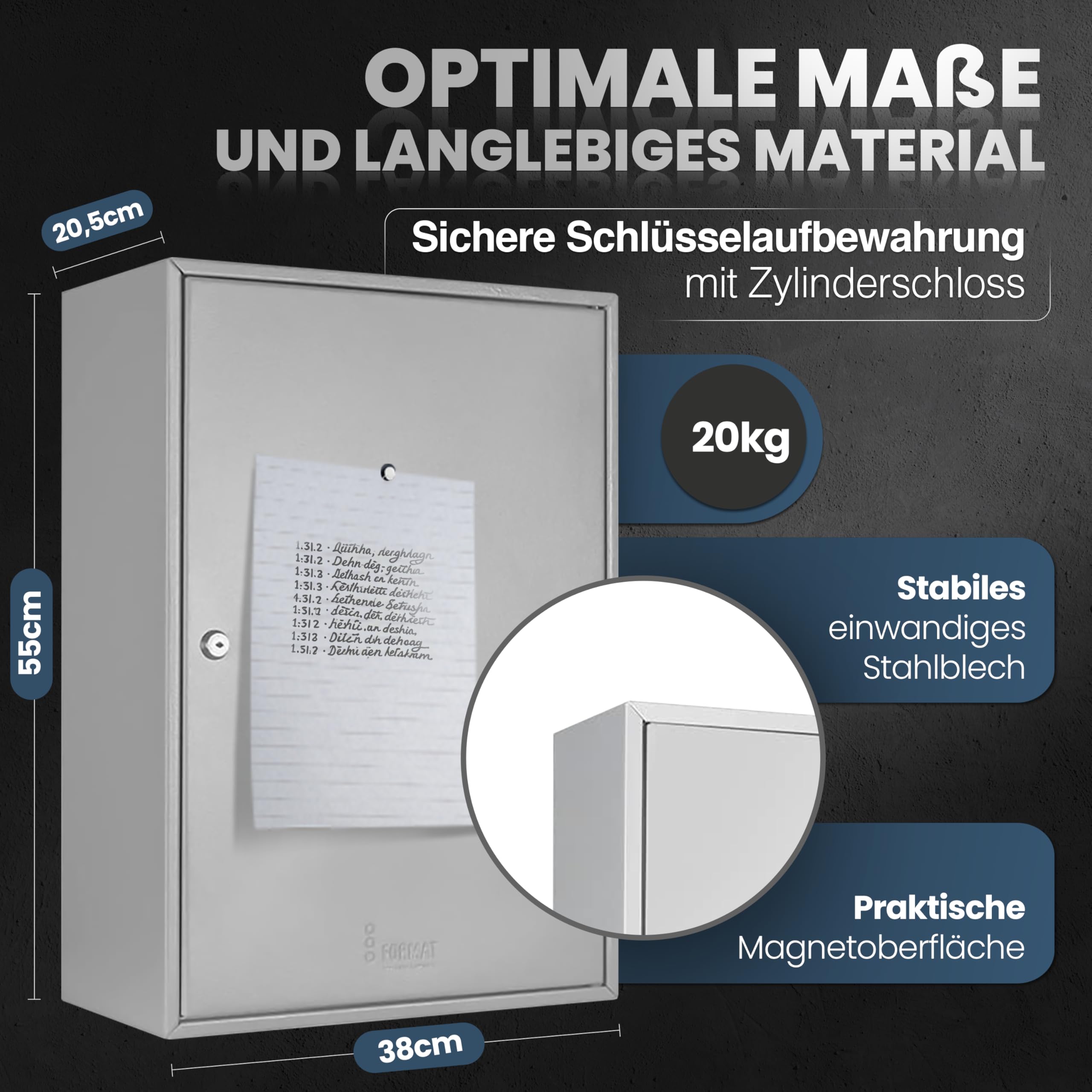 Schlüsselkasten SD300 – Schlüsselschrank mit 300 Haken, robuste Schlüsselbox aus Stahl, abschließbarer Safe, magnetische Außenseite, höhenverstellbare Leisten, Wandmontage (55x38x20cm)