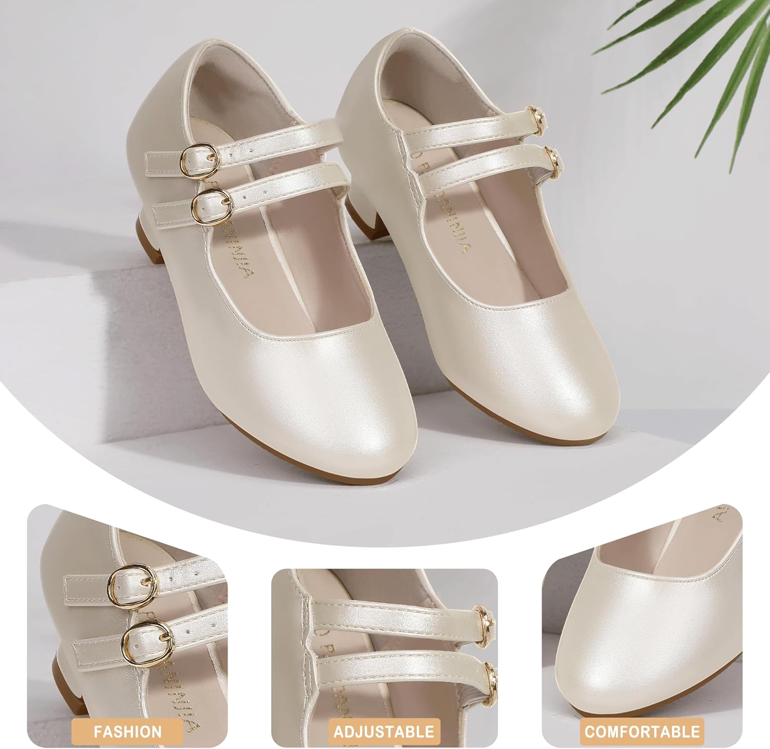 PANDANINJIA Christy Girls Heels Dress Shoes Mary Jane Rhinestone Bows Pumps Low Heel Princess Flower Wedding Party for Toddler Little Kid - Image 5