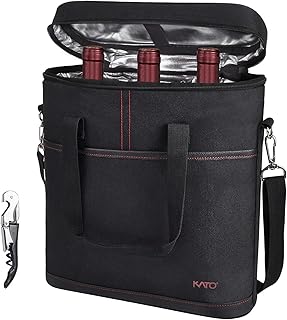 Kato Tirrinia - Borsa termica per vino con 3 bottiglie da viaggio, imbottita e con manico e tracolla regolabile + cavatappi incluso, colore: nero