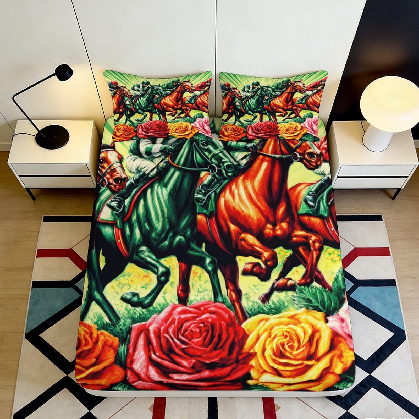 3D Printed Racing Horse and Rose Fitted Sheet Microfiber Vibrant Bed Cover for Bedroom Guest Room Dorm Decor 90x200x25cm