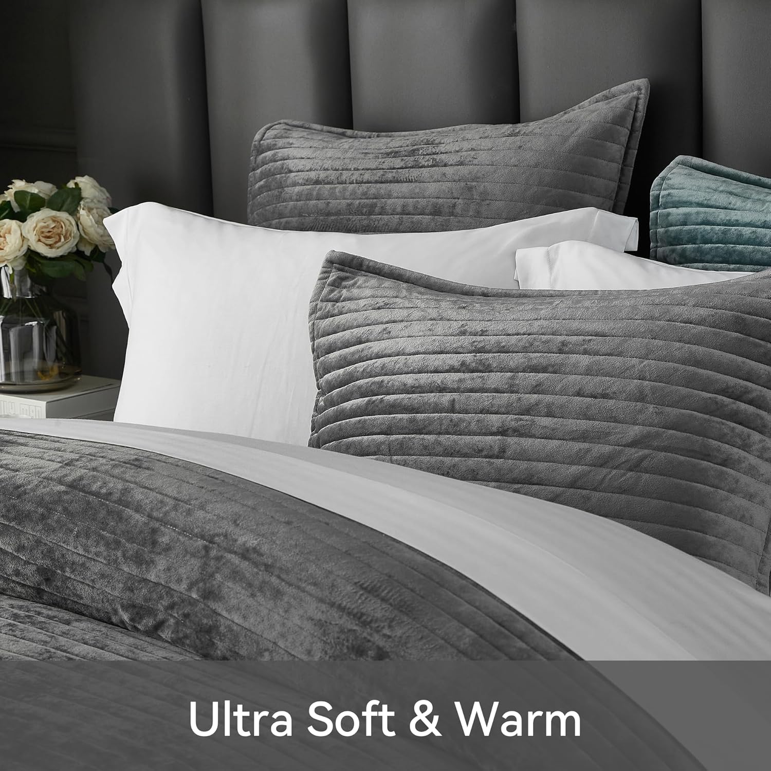 weigelia Velvet Quilts King Size Luxurious Soft Coverlet Striped Bedding Set Gray Quilt Set with 2 Matching Pillowcases, for All Season - Image 4