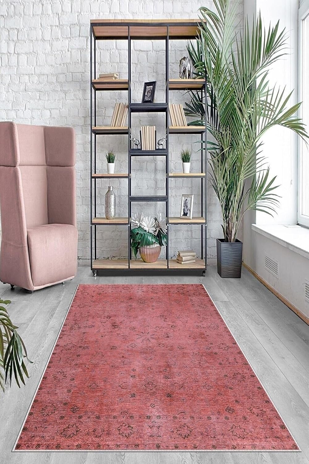 Pelangi Kırmızı Zemin Çiçek Desenli Yıkanabilir Kaymaz Taban Leke Tutmaz Modern Salon Halısı Ve Yolluk, Kırmızı-Gri 160 x 350, 74571057160350728