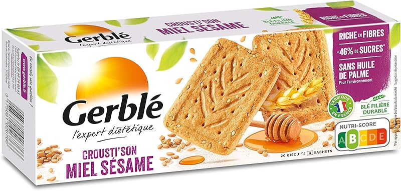 GERBLÉ – Biscuits Crousti’son Miel-Sésame – Riche en Fibres – Réduit en Sucres – Sans Huile de Palme