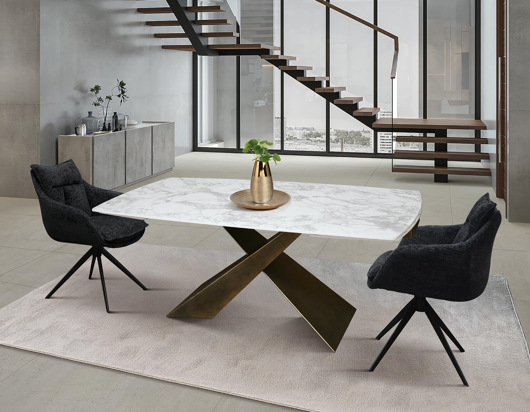 PAZZO DESIGN Table extensible Ernesto, plateau en céramique blanc arabesque, finition mate, pieds en métal bronze, cuisine, salon, céramique, 160 x 90 x 76 cm - id_2075