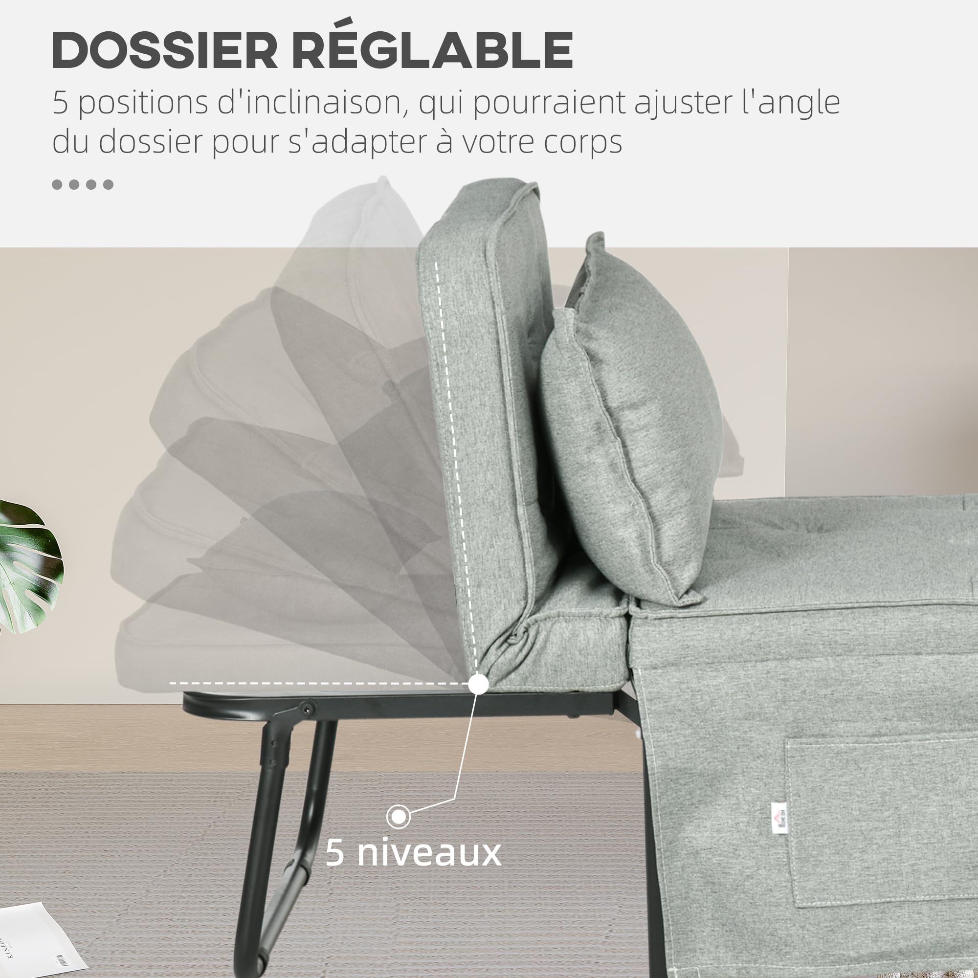 HOMCOM Fauteuil convertible 1 place fauteuil lit chauffeuse chaise longue 4 en 1 avec dossier inclinable 5 niveaux, repose-pied rabattable, coussin amovible et pochettes, pour invités salon gris clair