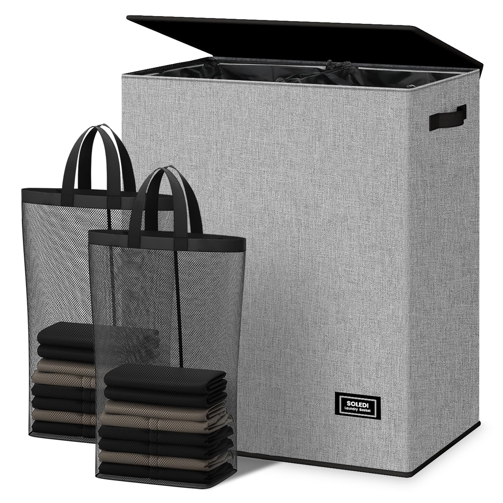 SOLEDI Double Laundry Hamper with Lid and Handle, Laundry Basket 2 Section with Removable bag, Collapsible Dirty Clothes Hampers for Laundry, Bedroom, Dorm, College