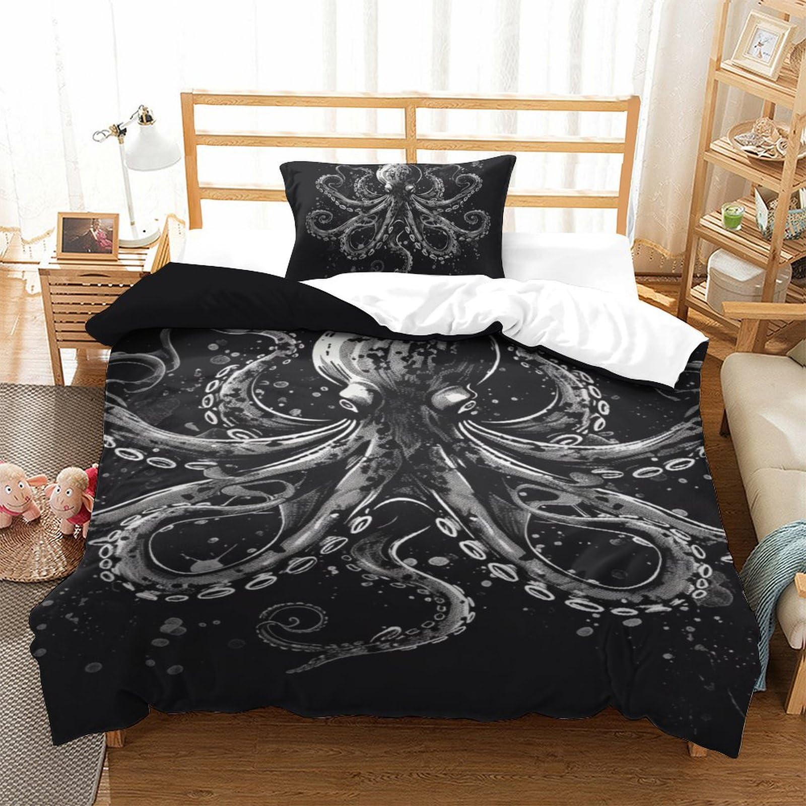Housse de couette pieuvre zippée 135x200cm anti-glisse lit