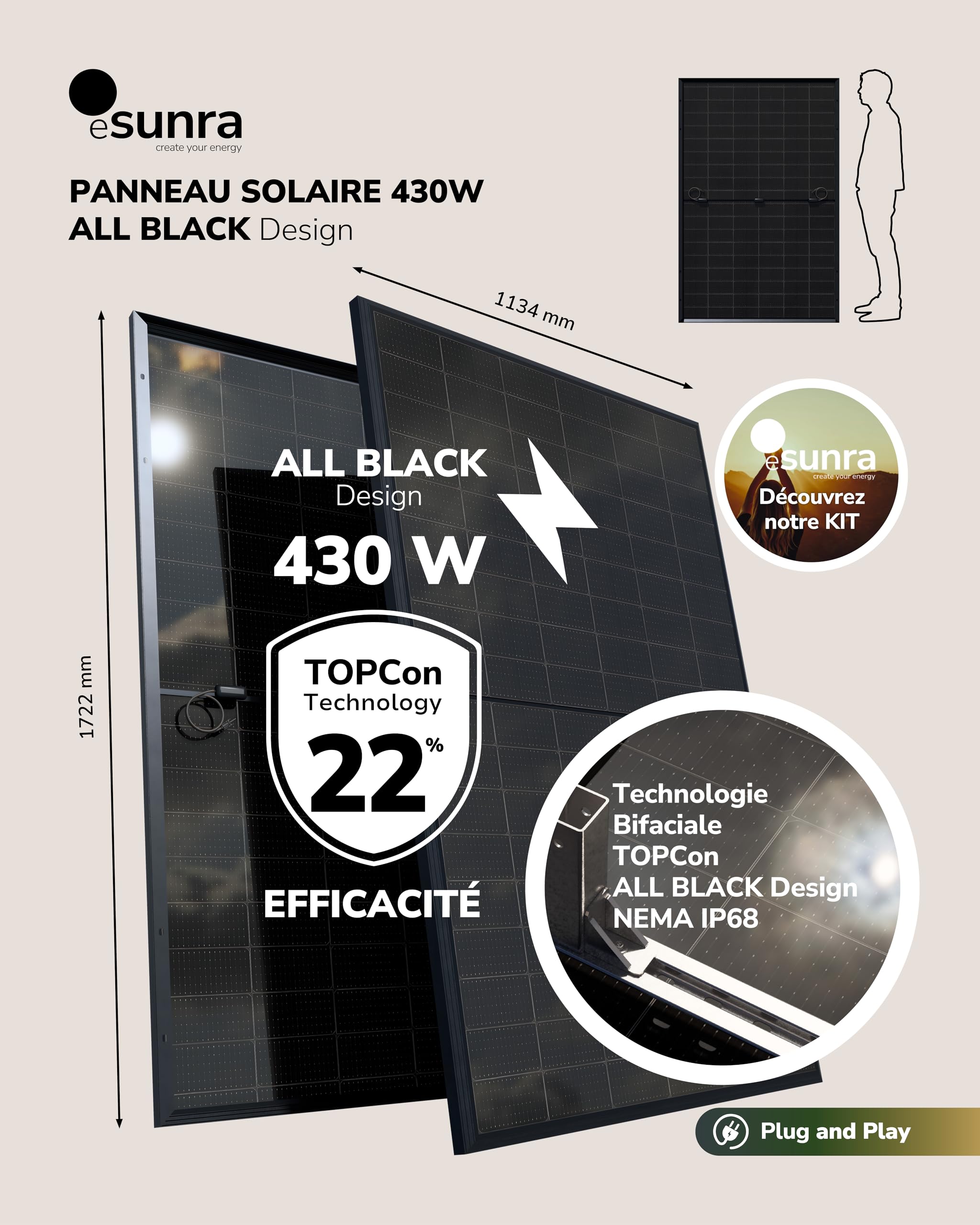 Kit solaire balcon 800W – Plug and Play – 2 panneaux solaires bifaciaux 430W – ALL BLACK – TOPCon – Micro-onduleur NEP BDM800W – Câble de 5 m – Application de surveillance