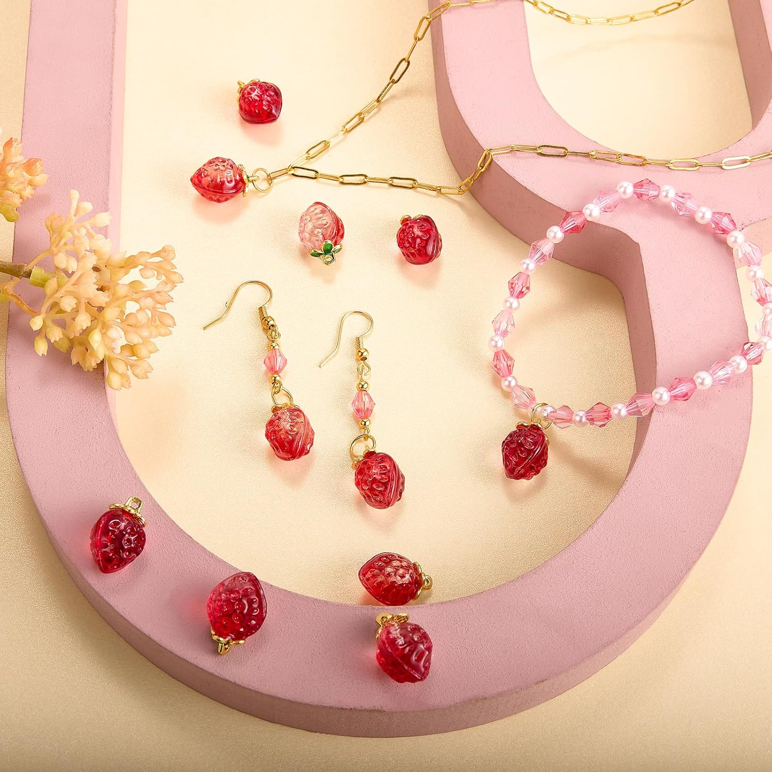 Cherry Strawberry Charms for Jewelry Making Large Fruit Acrylic Charms Pendants with Rhinestones for Bracelets Necklaces Earrings DIY Supplies - Image 5