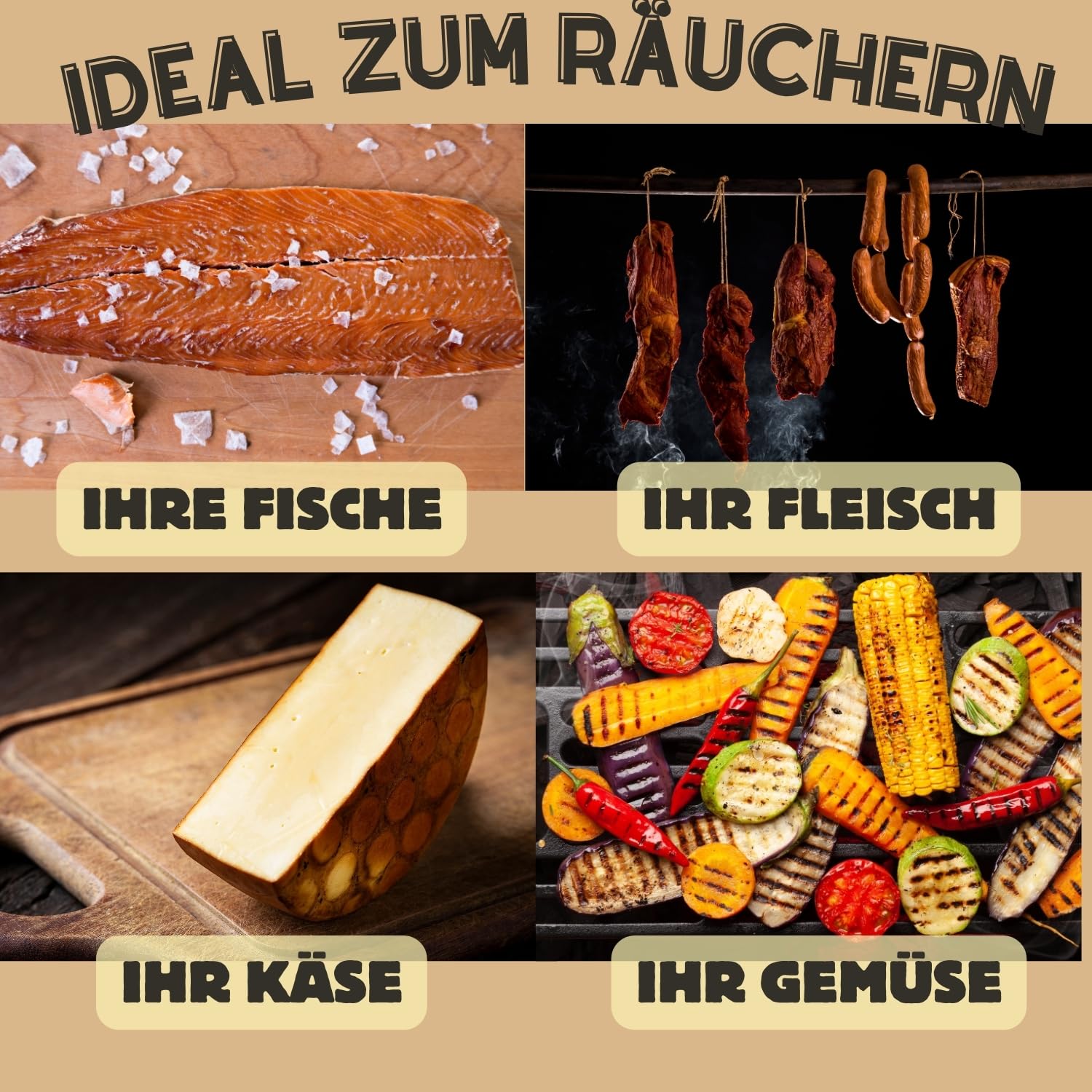 Kaltrauchgenerator/Räucherschnecke + 1,2 kg Räuchermehl Buche + 1 kg Nitritpökelsalz + 4 Haken & Bürste – Kalträucher-Set aus Edelstahl für Fleisch, Fisch, Speck, Wurst – Inkl. Gratis PDF-Ratgeber