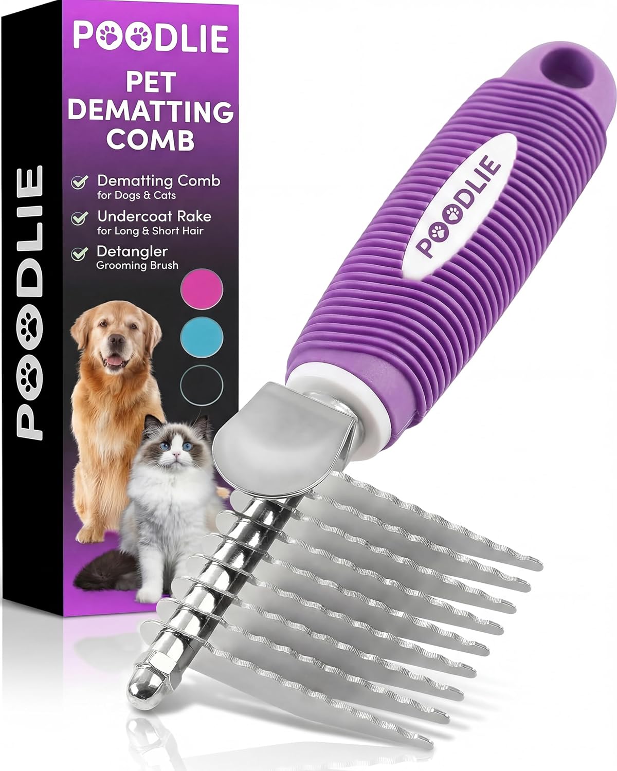 PoodlePet Dematting Rake Comb for Dogs & Cats - 2.5" Stainless Steel Blades Remove Mats, Knots & Undercoat Tangles
