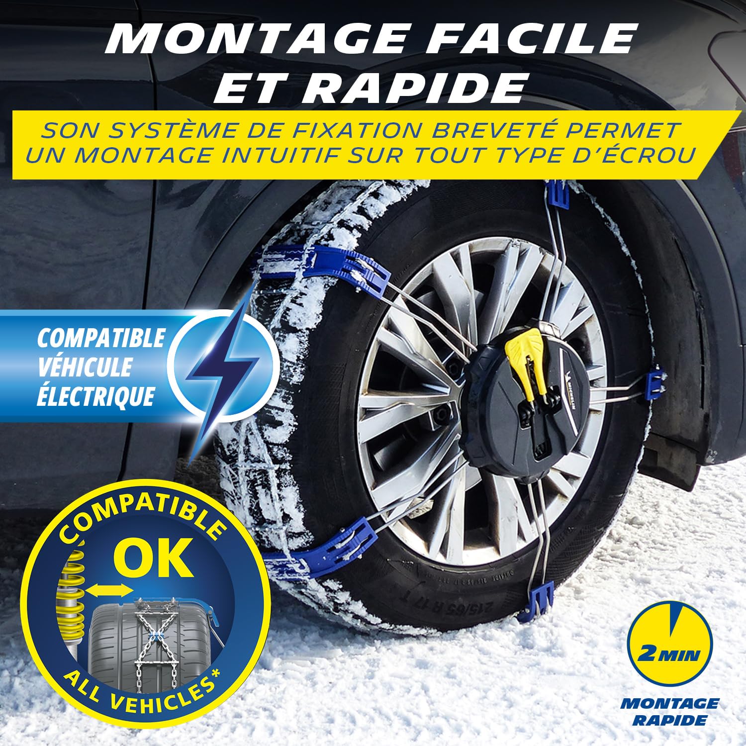 MICHELIN FAST GRIP Chaînes à neige à Montage Frontale n°130 - Véhicules Non Chaînables - Compatibles Systèmes ABS ESP - Tension Automatique - Montage en 2 Min - Adhérence Optimale sur Neige Verglas