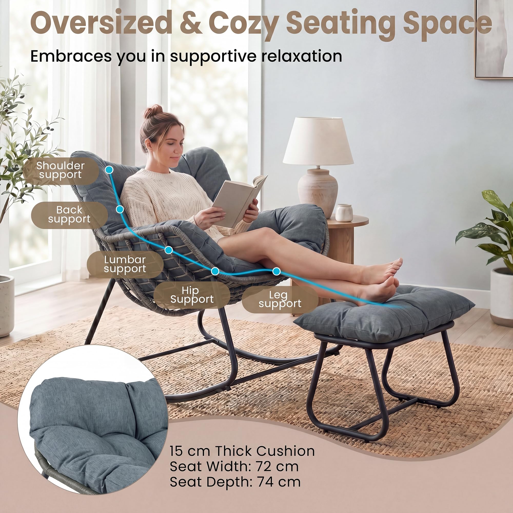 GIANTEX Fauteuil a Bascule avec Repose-Pied, Chaise a Bascule Surdimensionné avec Assise en Rotin PE, Coussin Amovible Rembourré, Cadre Métallique Robuste, pour Salon, Balcon, Jardin (Gris)