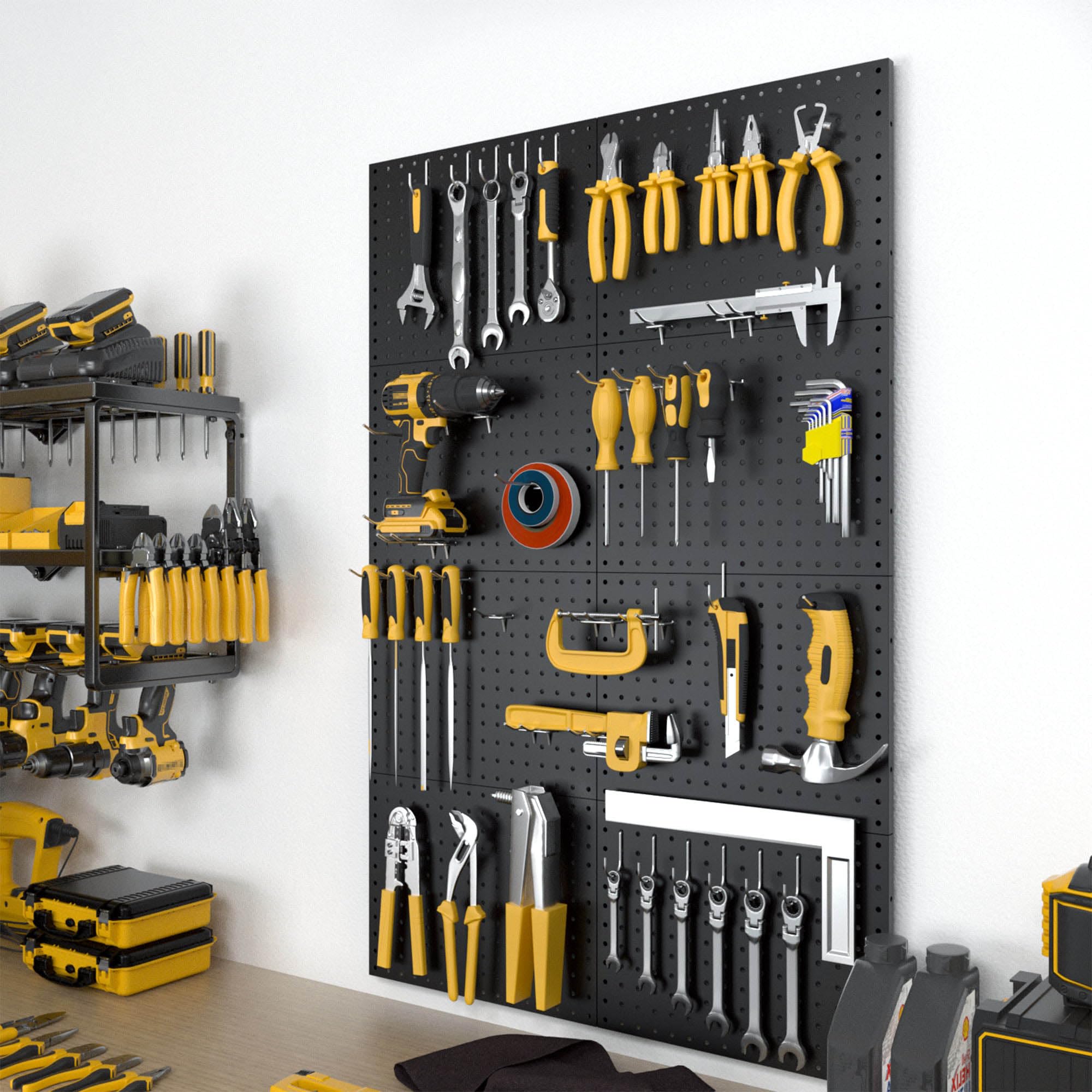 Spampur Lot de 8 panneaux perforés en métal noir, système de rangement d'outils pour établi, organisateur de garage, organisation murale de bureau, salle d'artisanat, noir
