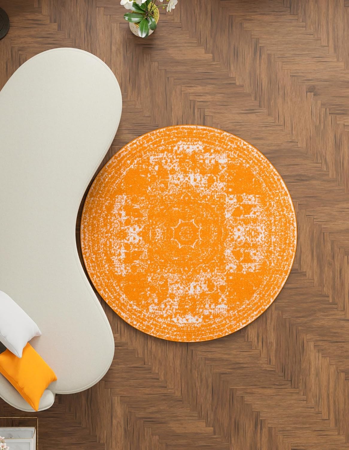 Rugs.com Dover Collection Rug – 3 Ft Round Orange Low-Pile Rug Perfect for Kitchens, Dining Rooms