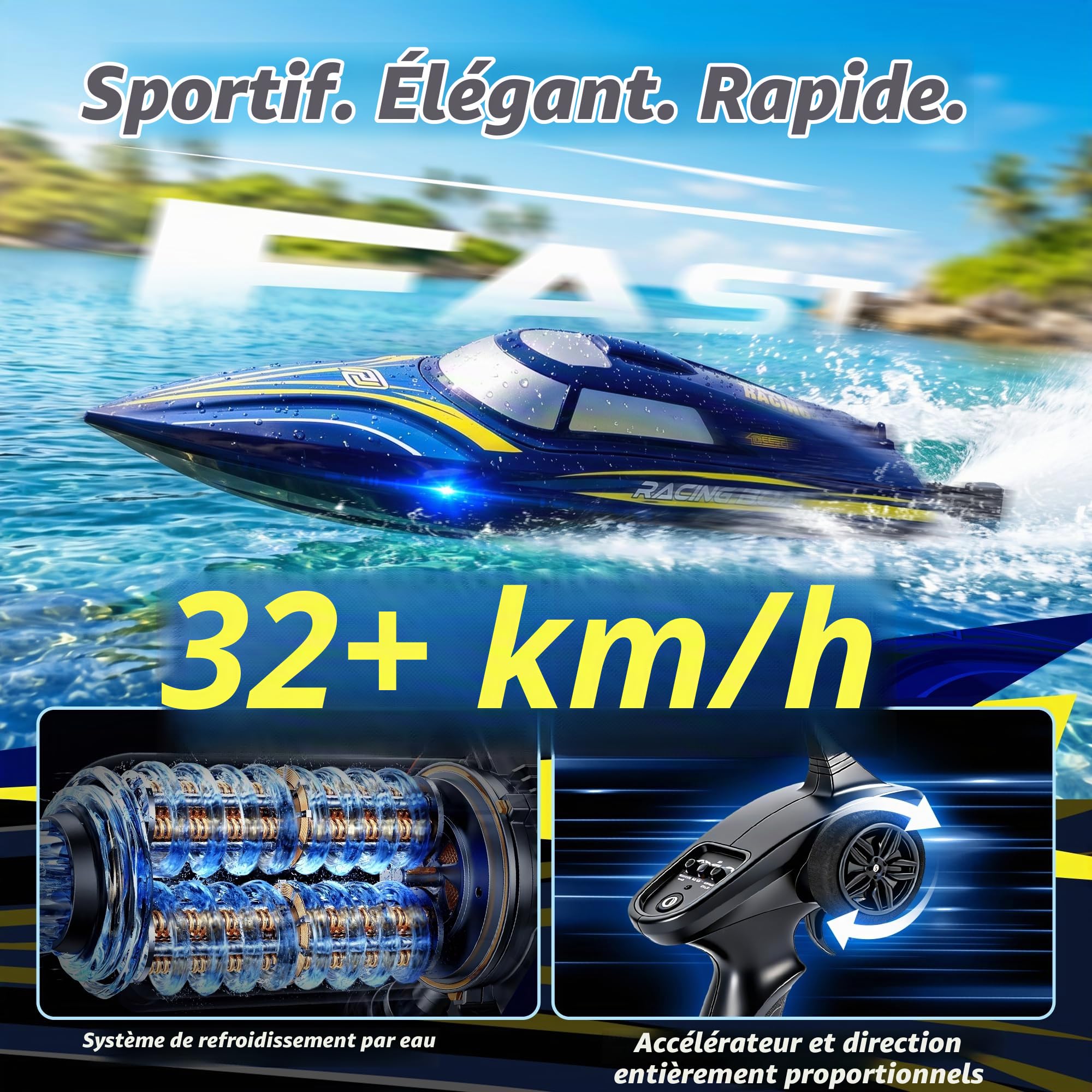 DEERC Bateau Télécommandé Rapide pour Enfants et Adultes, Vitesse supérieure à 20+ mph, avec 2 Batteries de 1200 mAh, Bateau étanche Auto-redressable pour Lacs et piscines.