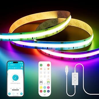 PAUTIX RGB Smart IC COB LED Strip 3 m 5 V USB Pixel Addressable RGB LED Strip Works for Alexa/Google Assistant Colour-Changing LED Strip for TV Christmas Party DIY Decoration [Energy Class G]