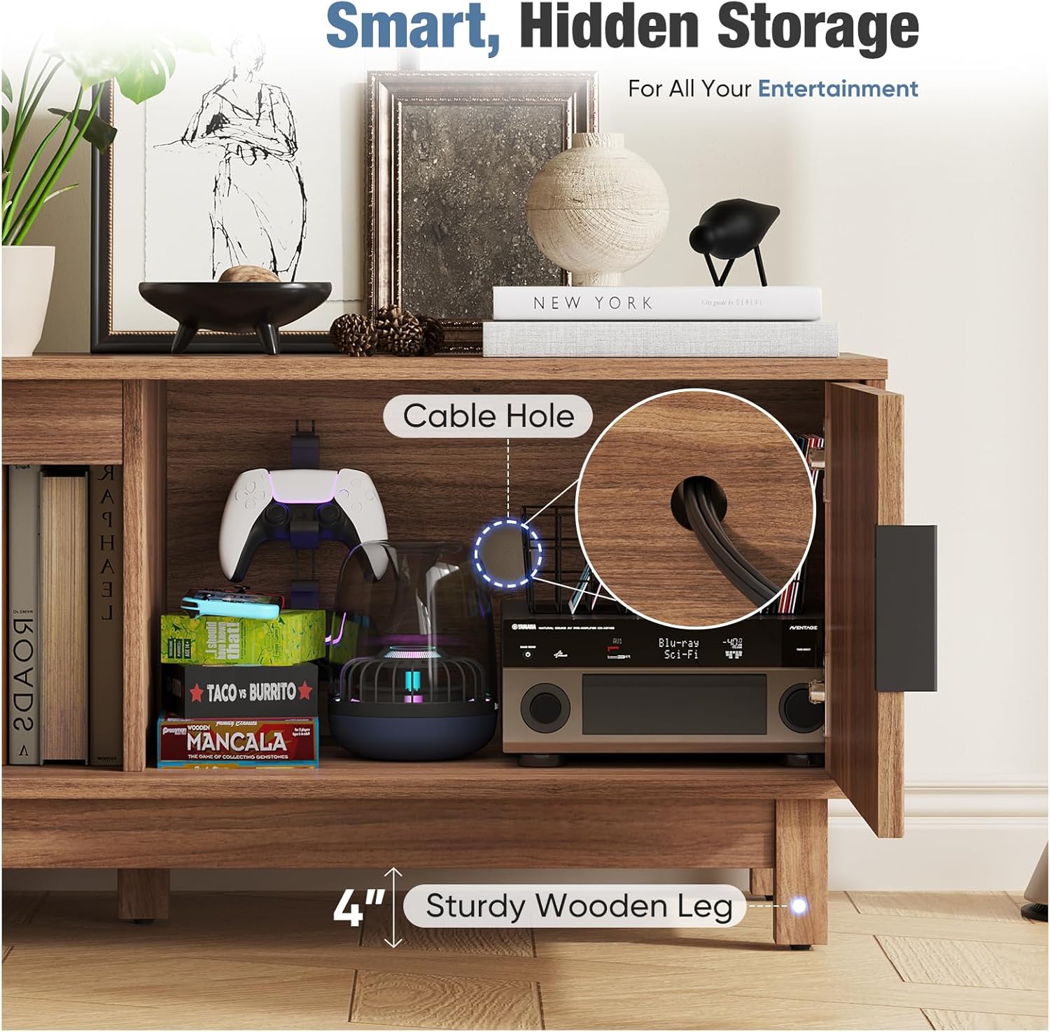 DUMOS 58" Mid Century Modern TV Stand, Mocha Brown Wood Entertainment Center with Storage Cabinets, Media Console Table with Straight Legs & Cable Management for Living Room, Bedroom, Office