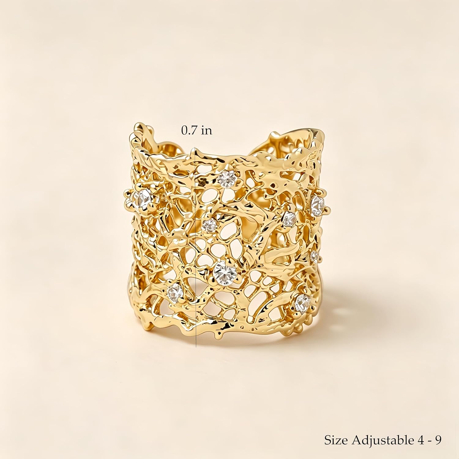 Rhinelife Luxury Statement Rings for Women, Unique Lace Hollow Out Open Adjustable Stackable Gold/Silver Ring with Sparkling CZ, Hypoallergenic Designer Inspired Jewelry Gift for Her