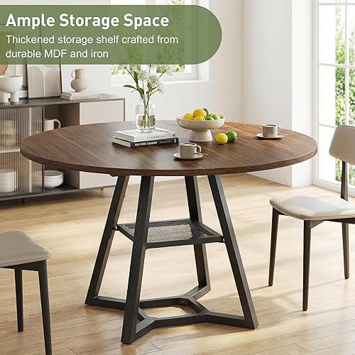 Miniatura 8 de Mesa de comedor redonda para 4-6 personas con estante de almacenamiento, mesa de pedestal circular de cocina y comedor, marco de metal resistente