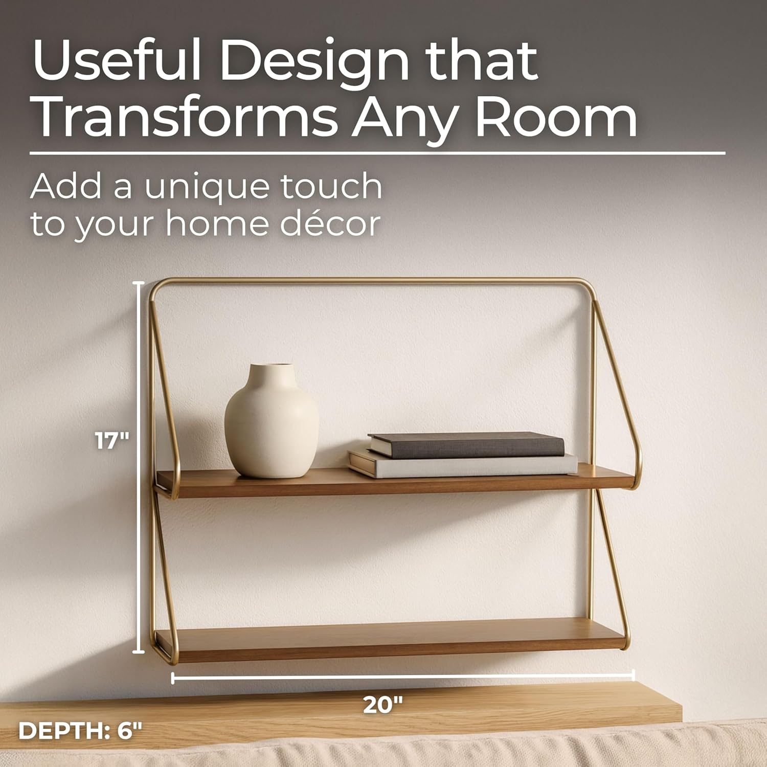 Decorative Two-Tier Wall Mounted Shelf for Home Decor - Modern Hanging Storage Organizer Idea Use for Living Room and Bedroom - Sleek Wall Shelf for Office or Entryway Display - 17", Gold & Metallic