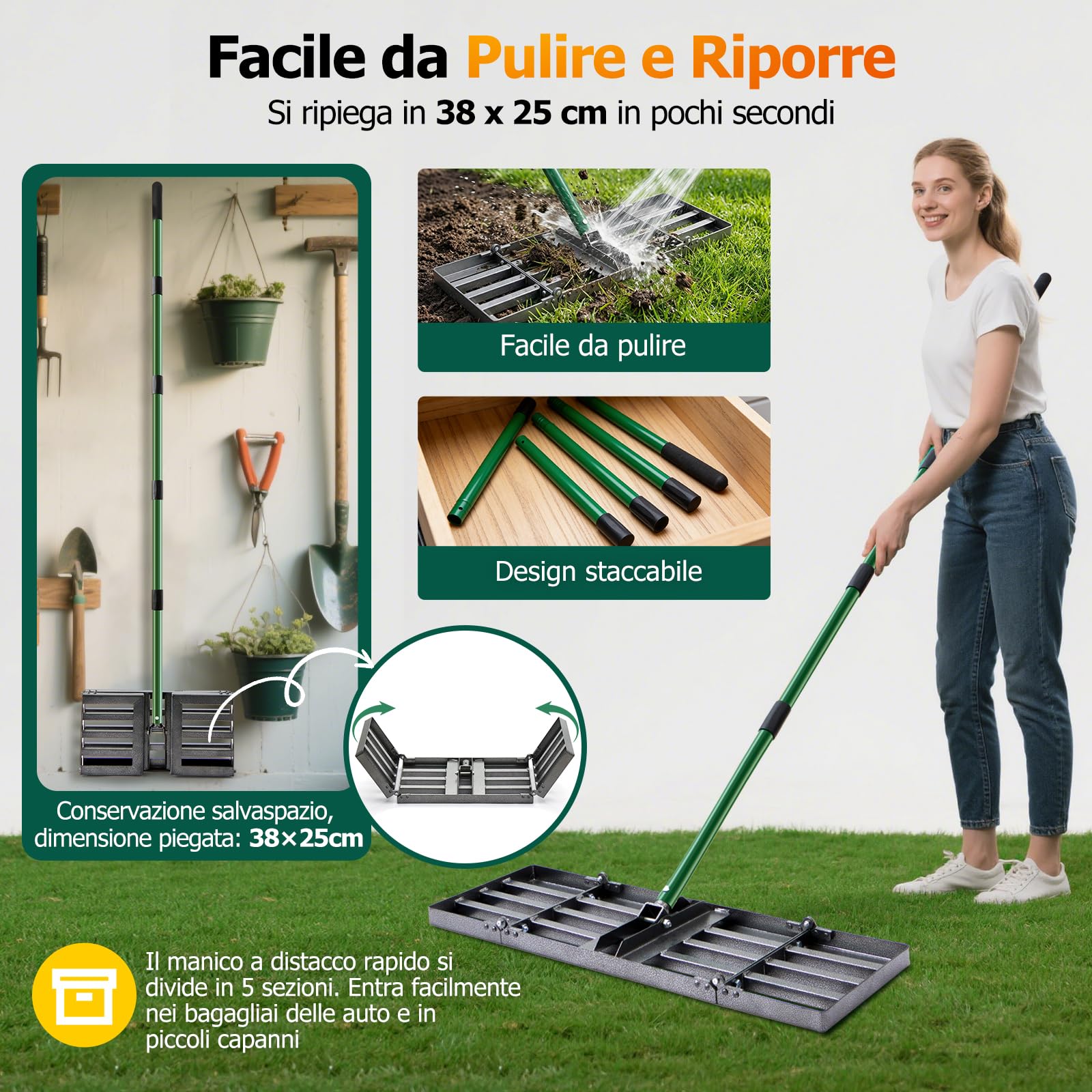 Rastrello per livellamento per prato, 76 x 25 cm, con manico regolabile da 84 a 196 cm, pieghevole, per terra, sabbia, ghiaia