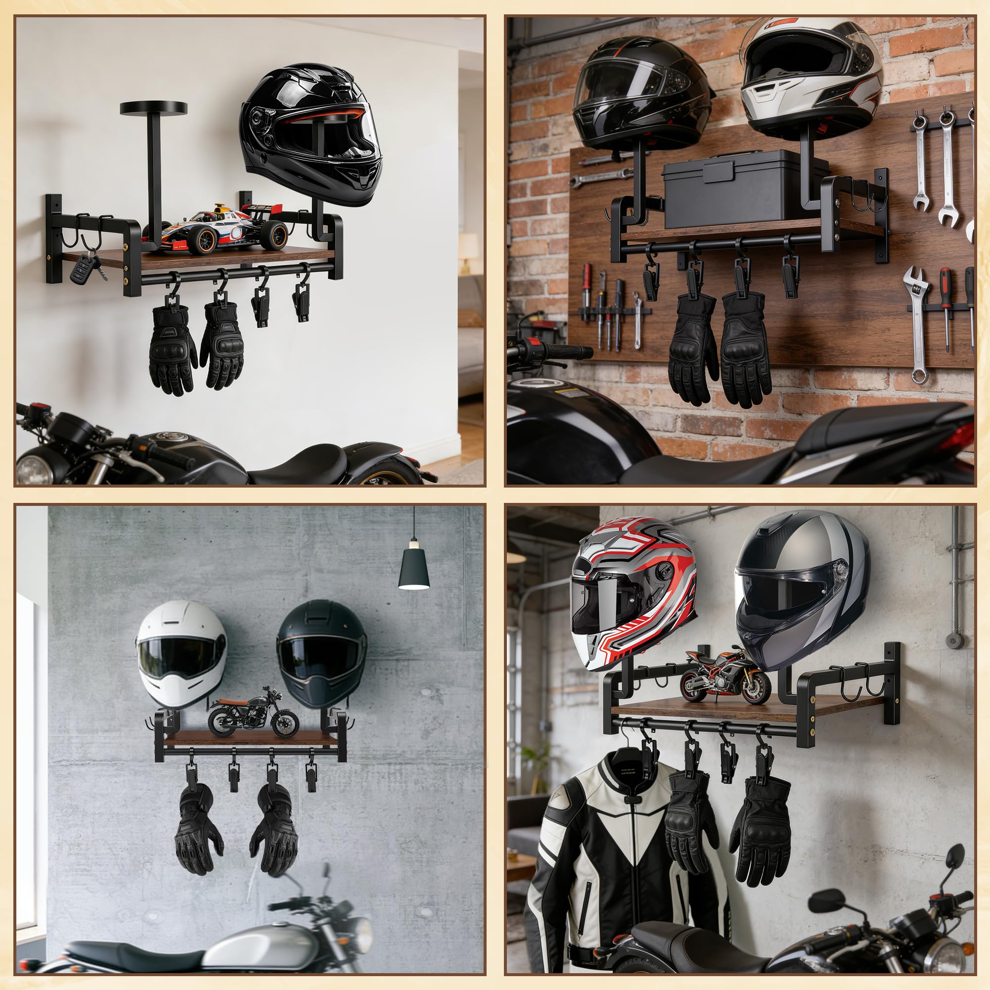 Soporte para Casco de Motocicleta, Soporte de Pared, Estante de Exhibición Rústico para Casco con Ganchos, Estante de Almacenamiento, Abrazadera para para Almacenamiento de (color nuez)