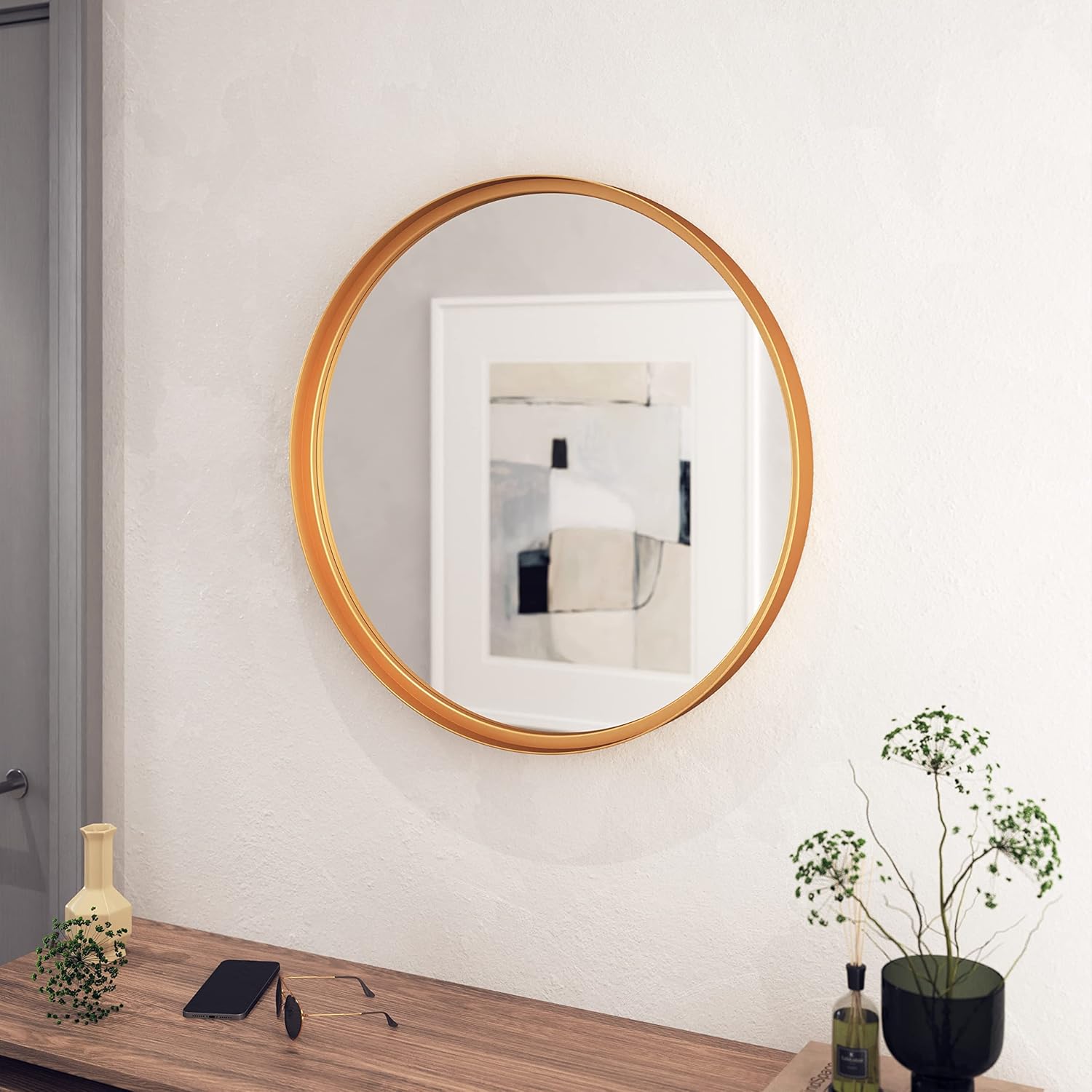 HBCY Creations Gold Round Wall Mirror - 27.5 Inch Large Round Mirror, Rustic Accent Mirror for Bathroom, Entry, Dining Room, & Living Room. Metal Wall Mirror