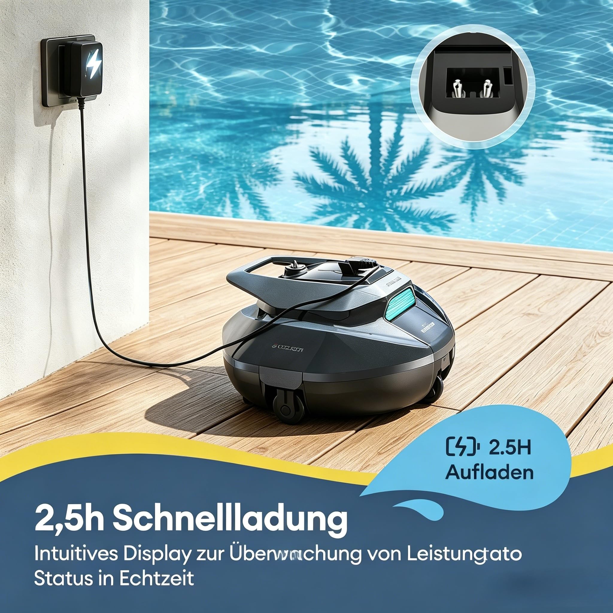 10s Poolroboter(2026 Upgrade), Poolroboter Akku mit 3 Motoren, 90Min für Pools bis 80 m², Fernbedienung und App-Steuerung, automatisches Parken, geeignet für Verschiedene Pooloberflächen